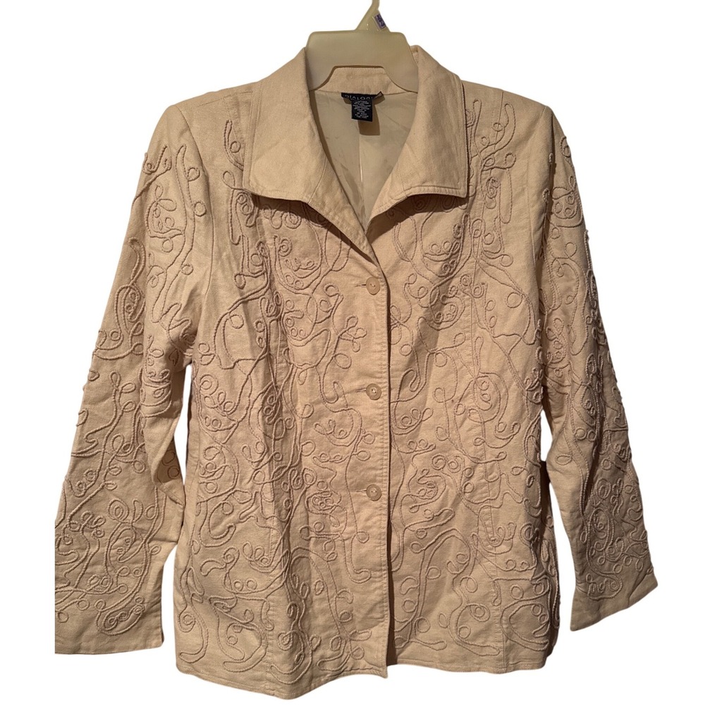 Dialogue Linen Blend Embroidered Button Front Jacket Blazer Boho Tan Women's L